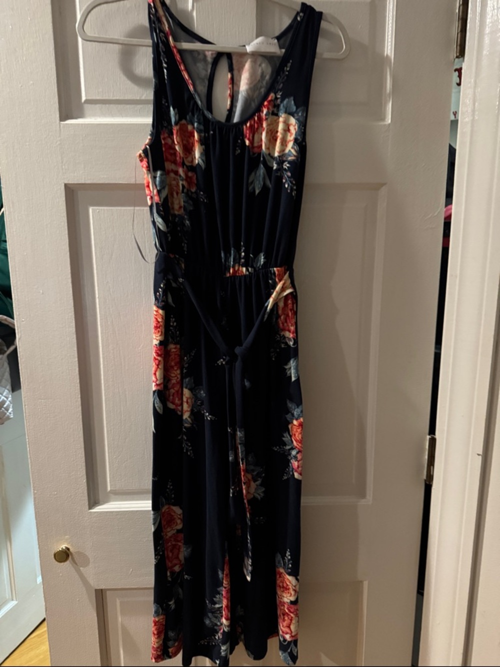 French Grey Navy Floral Jumpsuit with Pink & Cream Roses